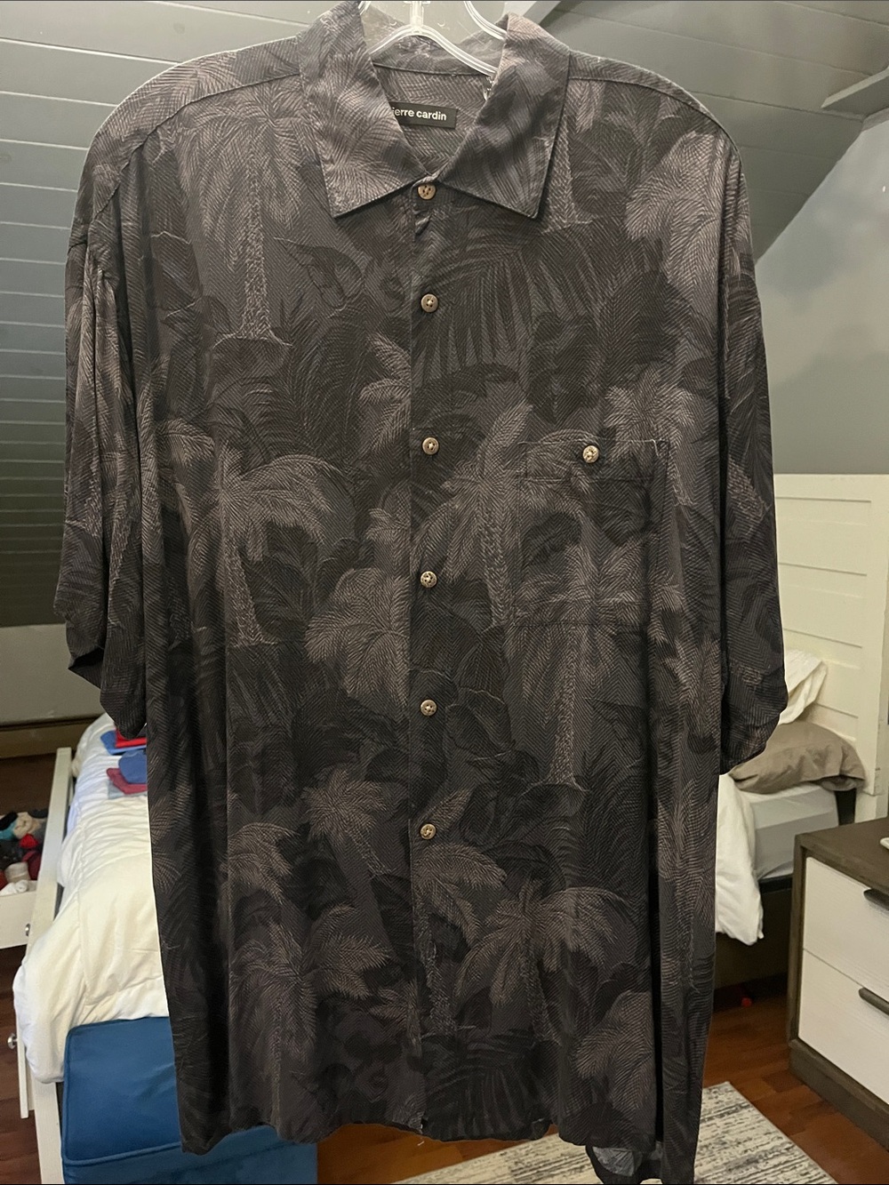 Pierre Cardin Black and Charcoal Palm-Print Camp Shirt